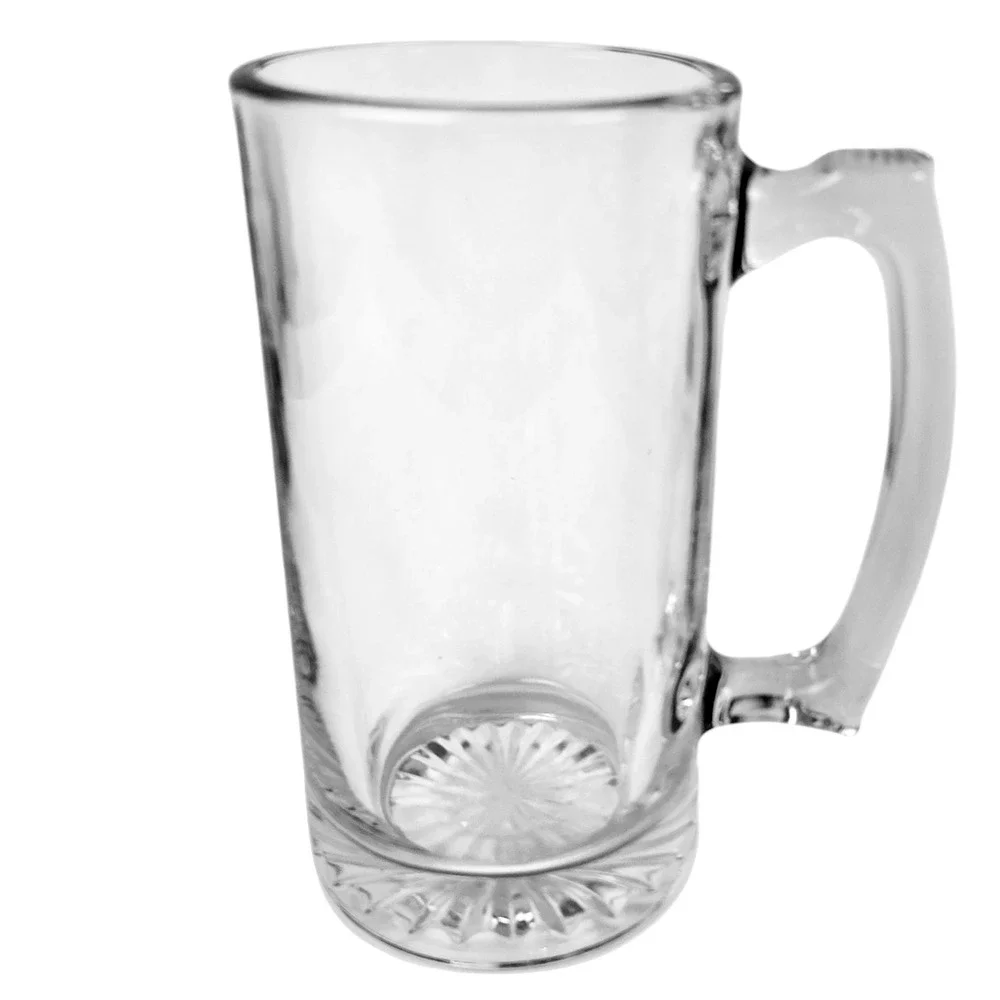 Vintage Style Heavy Clear Glass Beer Mug Starburst Base 7 Inch Tall Pub Stein
